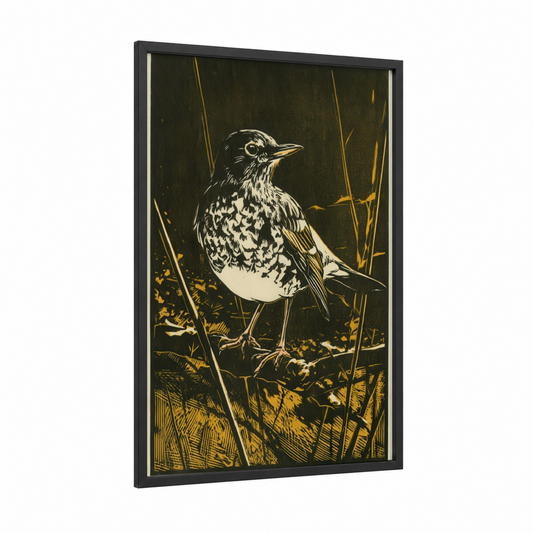 Marsh Thrush framed art print — black wood frame — black and gold and cream palette