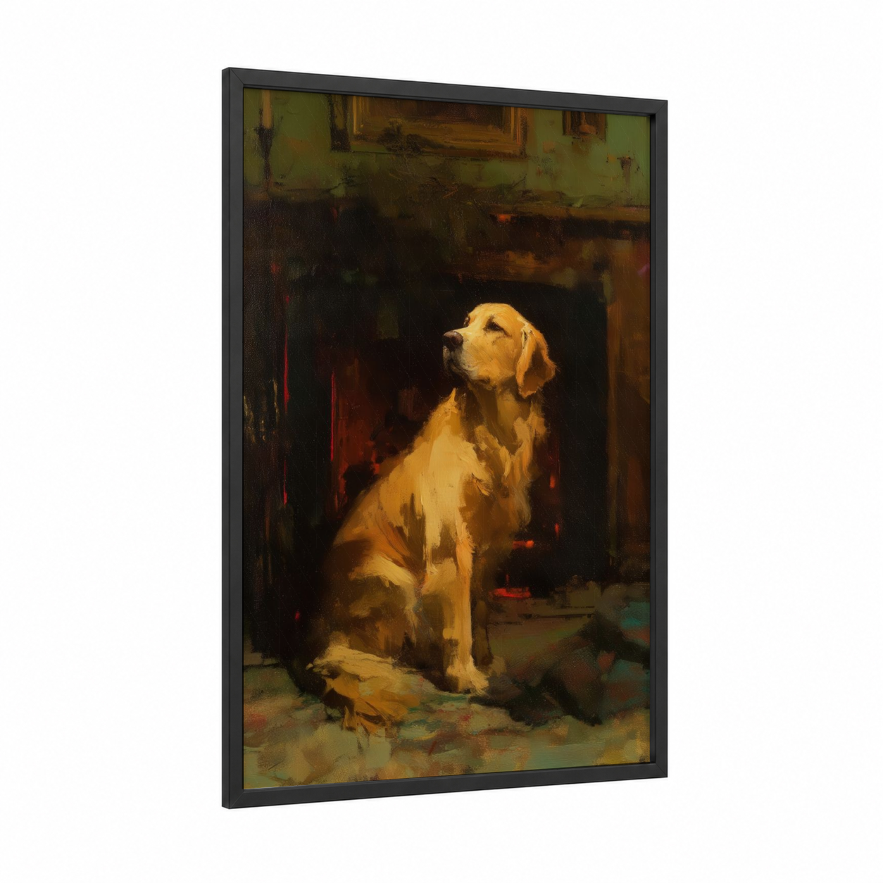 Fireside Retriever framed art print — black wood frame — gold and brown palette
