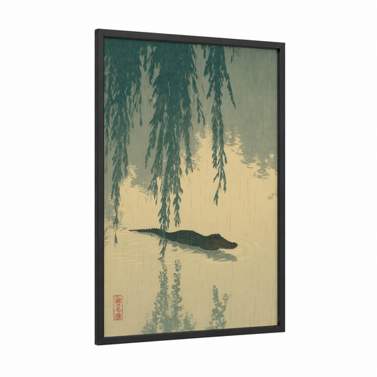 Willow Alligator framed art print — black wood frame — teal and cream palette