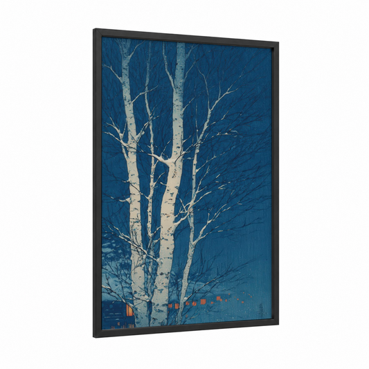 Snowy Birch Forest framed birch tree print — black wood frame — dark blue and white palette