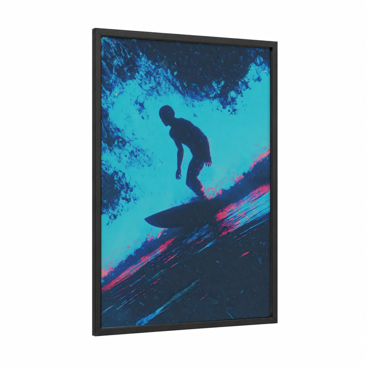 Neon Wave Rider framed water surfing print — black wood frame — turquoise and magenta palette