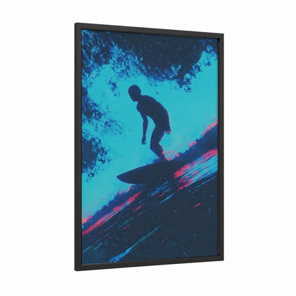 Neon Wave Rider framed water surfing print — black wood frame — turquoise and magenta palette