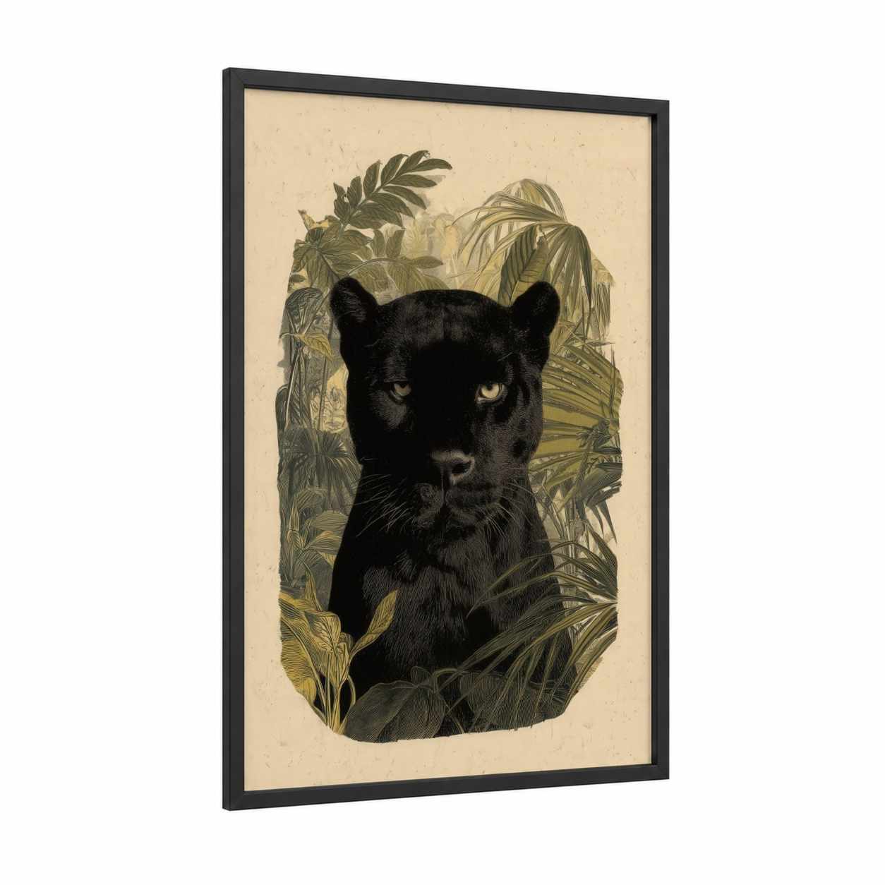 Jungle Panther framed art print — black wood frame — cream and olive palette
