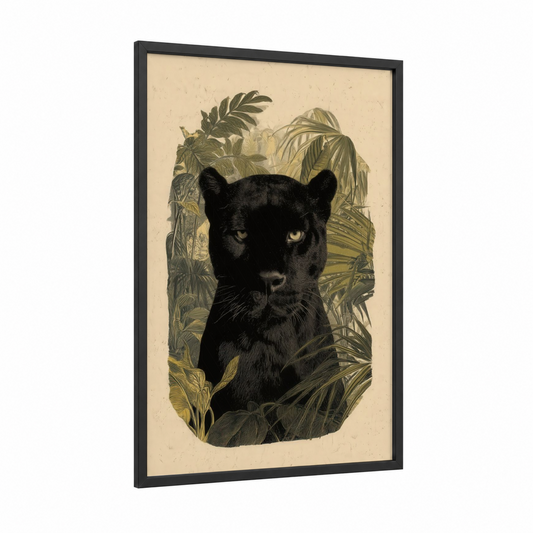 Jungle Panther framed art print — black wood frame — cream and olive palette