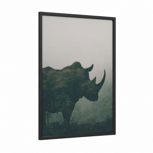 Misty Rhino Forest framed art print — black wood frame — dark green and gray palette