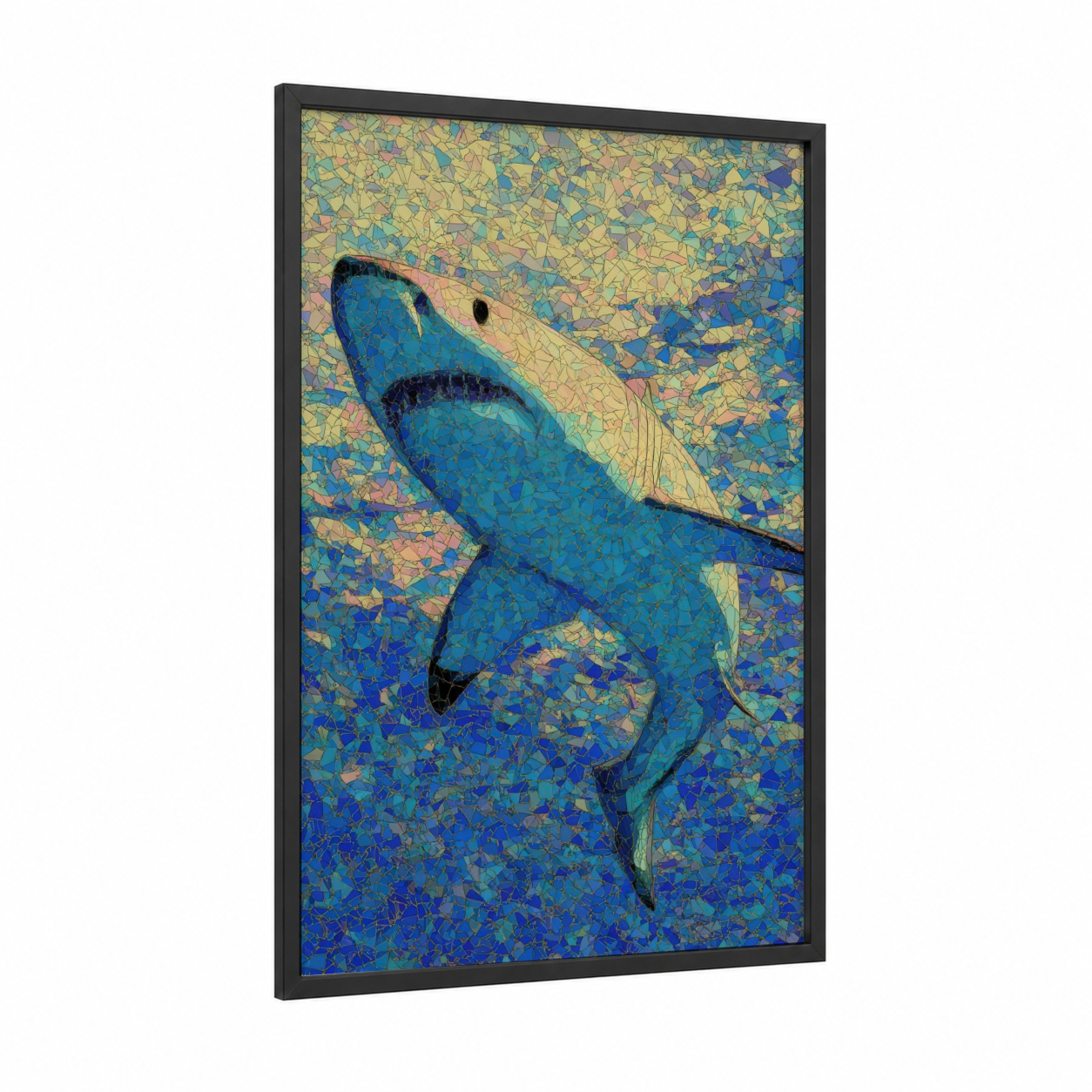 Azure Shark Mosaic framed blue shark print — black wood frame — blue and gold palette