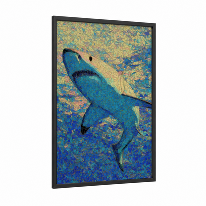 Azure Shark Mosaic framed blue shark print — black wood frame — blue and gold palette