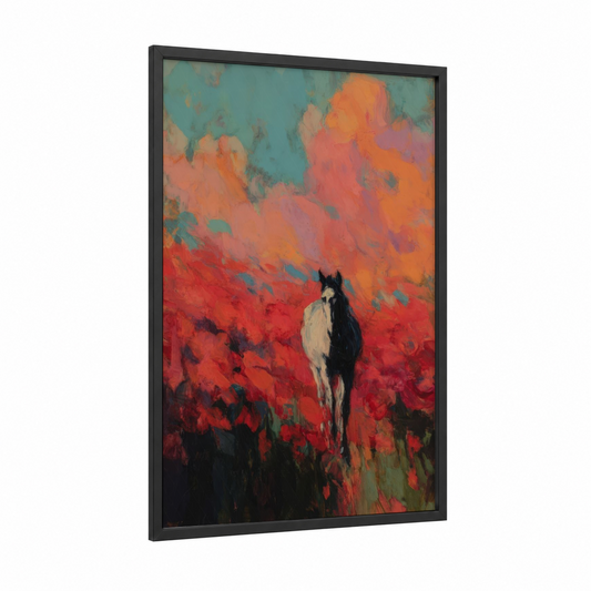 Poppy Field Mule framed art print — black wood frame — orange and red palette