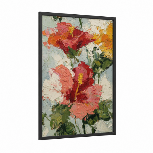 Crimson Hibiscus Blooms framed art print — black wood frame — red and orange palette