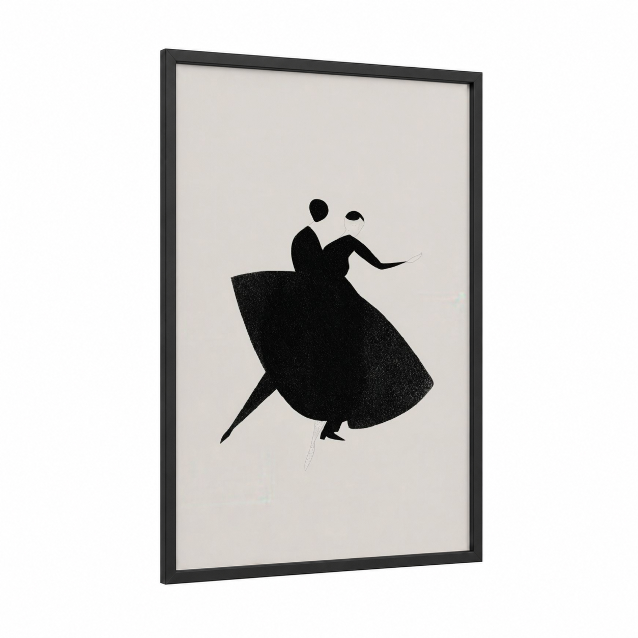 Dancing Silhouette framed ballroom dance print — black wood frame — black and black and white palette