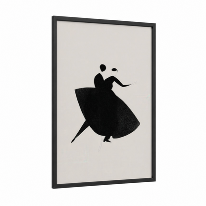 Dancing Silhouette framed ballroom dance print — black wood frame — black and black and white palette