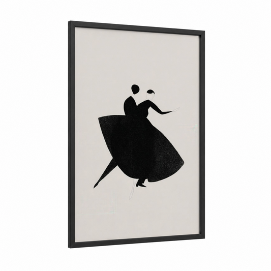 Dancing Silhouette framed ballroom dance print — black wood frame — black and black and white palette