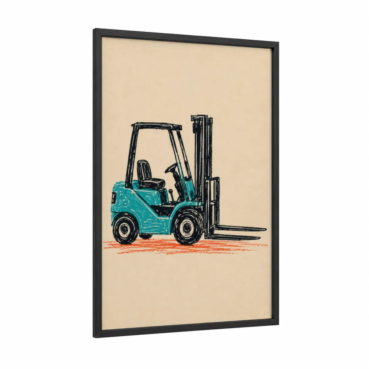 Turquoise Forklift Illustration Wall Art framed truck print — black wood frame — turquoise and beige palette