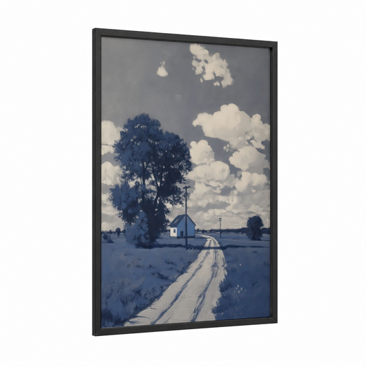 Rural Church Road framed various landscapes print — black wood frame — blue and white and dove gray palette