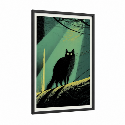 Midnight Vigilant framed cat print — black wood frame — dark green and yellow gold palette