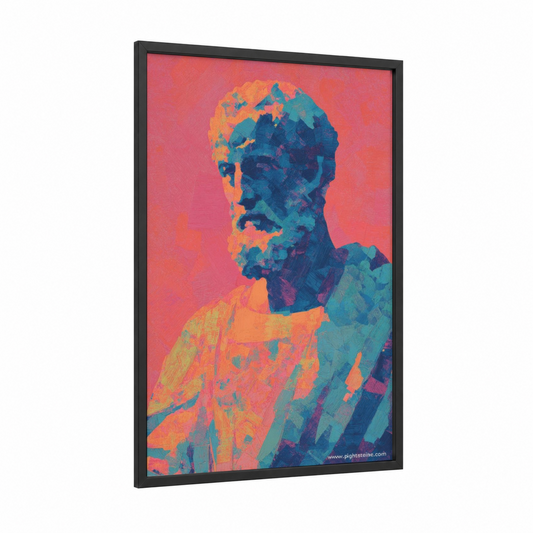 Colorful St. Peter framed art print — black wood frame — orange and teal palette