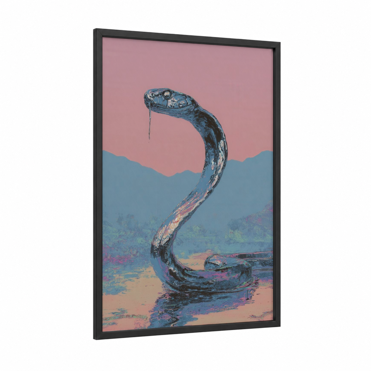 Ethereal Cobra framed art print — black wood frame — blue and pink palette