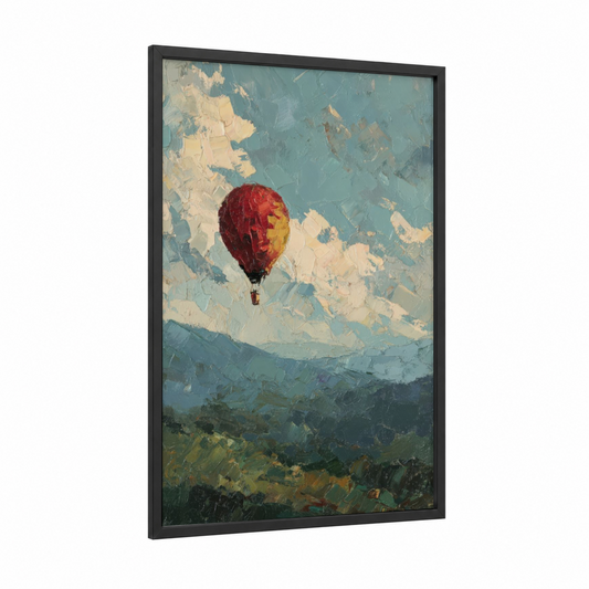 Crimson Sky Balloon framed hot air baloon print — black wood frame — teal and cream palette