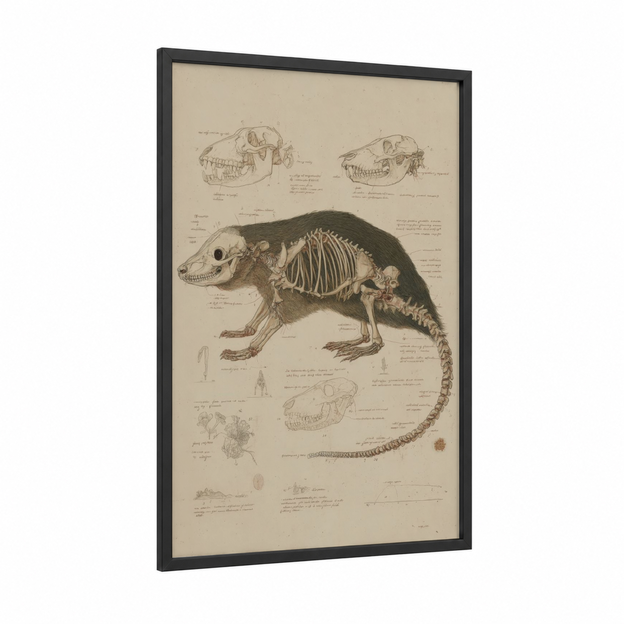 Anatomical Wombat framed art print — black wood frame — beige and black and white palette