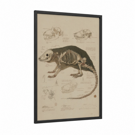 Anatomical Wombat framed art print — black wood frame — beige and black and white palette