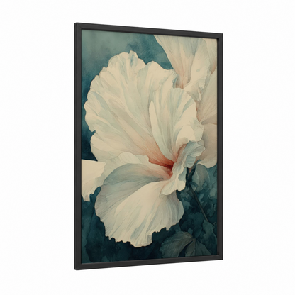Cream Hibiscus Bloom framed art print — black wood frame — cream and teal palette