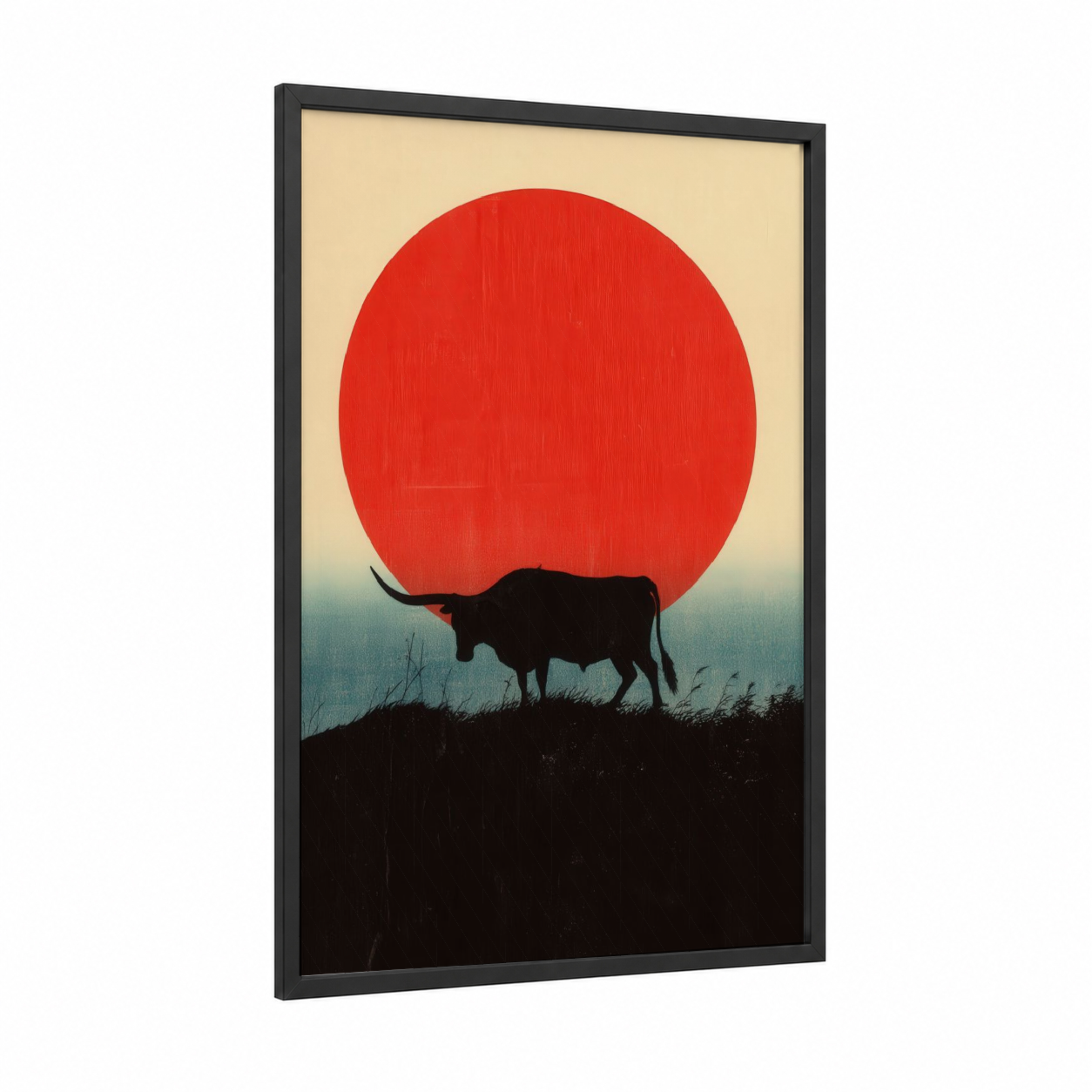 Crimson Sunset Longhorn framed longhorn cow print — black wood frame — red and blue palette