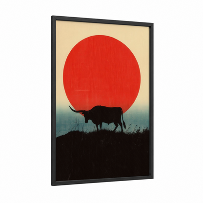 Crimson Sunset Longhorn framed longhorn cow print — black wood frame — red and blue palette