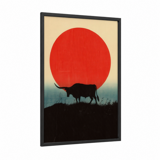 Crimson Sunset Longhorn framed longhorn cow print — black wood frame — red and blue palette