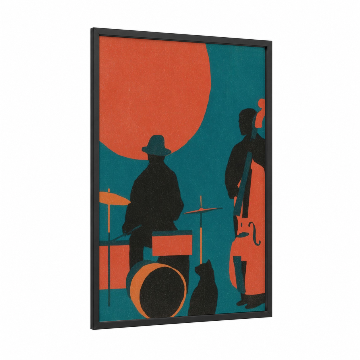 Jazz Ensemble Silhouette framed blues print — black wood frame — orange and teal palette