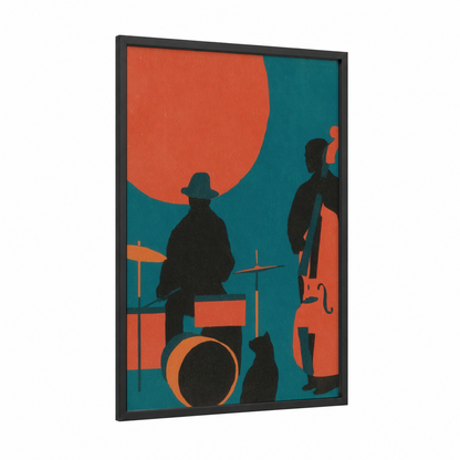 Jazz Ensemble Silhouette framed blues print — black wood frame — orange and teal palette