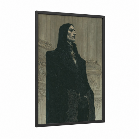 Aristocratic Vampire framed art print — black wood frame — black and white and gray palette