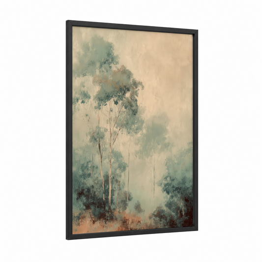 Misty Eucalyptus framed eucalyptus forest print — black wood frame — light green and beige palette