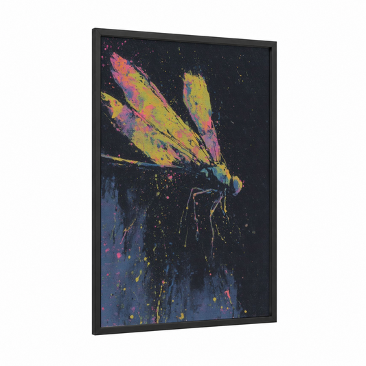 Neon Dragonfly framed art print — black wood frame — yellow gold and magenta palette