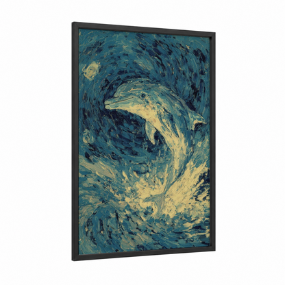 Swirling Dolphins framed art print — black wood frame — teal and gold palette