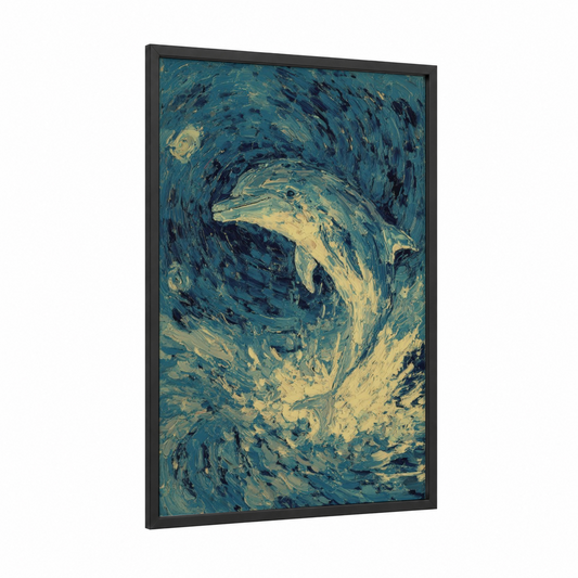 Swirling Dolphins framed art print — black wood frame — teal and gold palette
