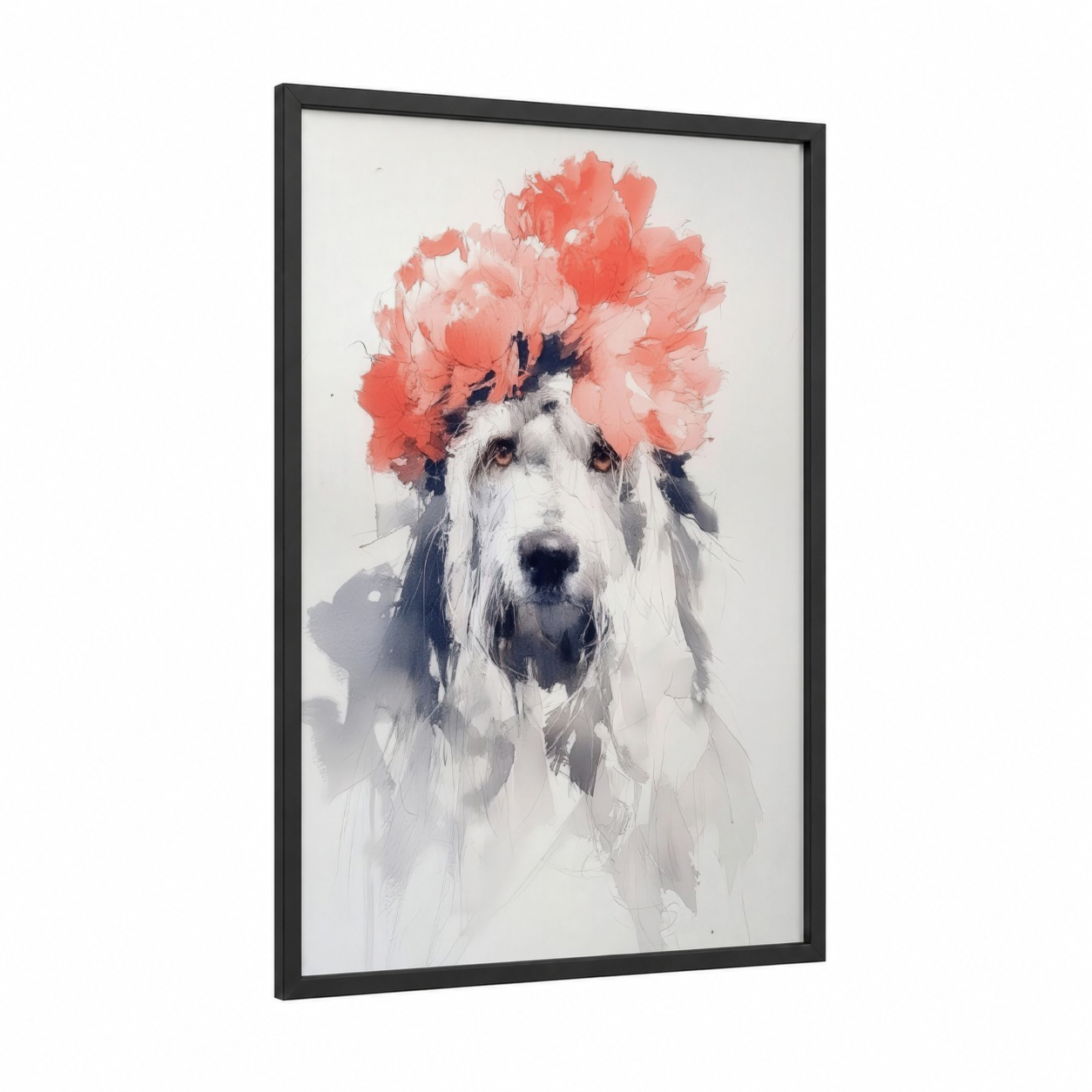 Floral Terrier framed art print — black wood frame — salmon pink and white palette