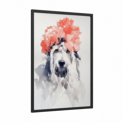 Floral Terrier framed art print — black wood frame — salmon pink and white palette