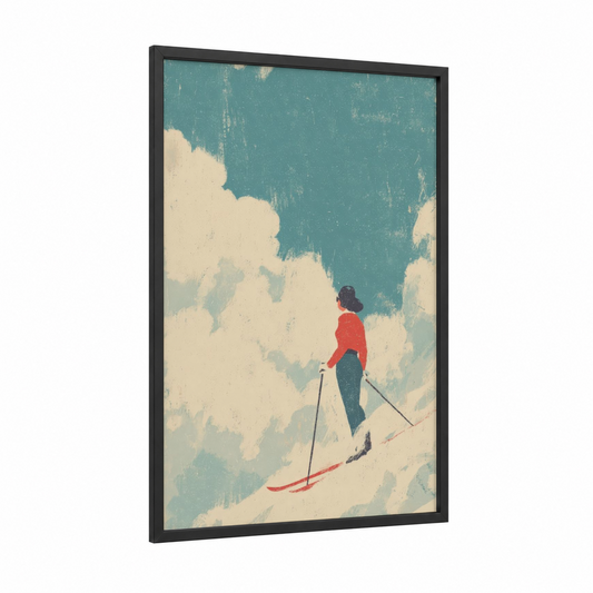 Alpine Skier framed skiing print — black wood frame — teal and cream palette