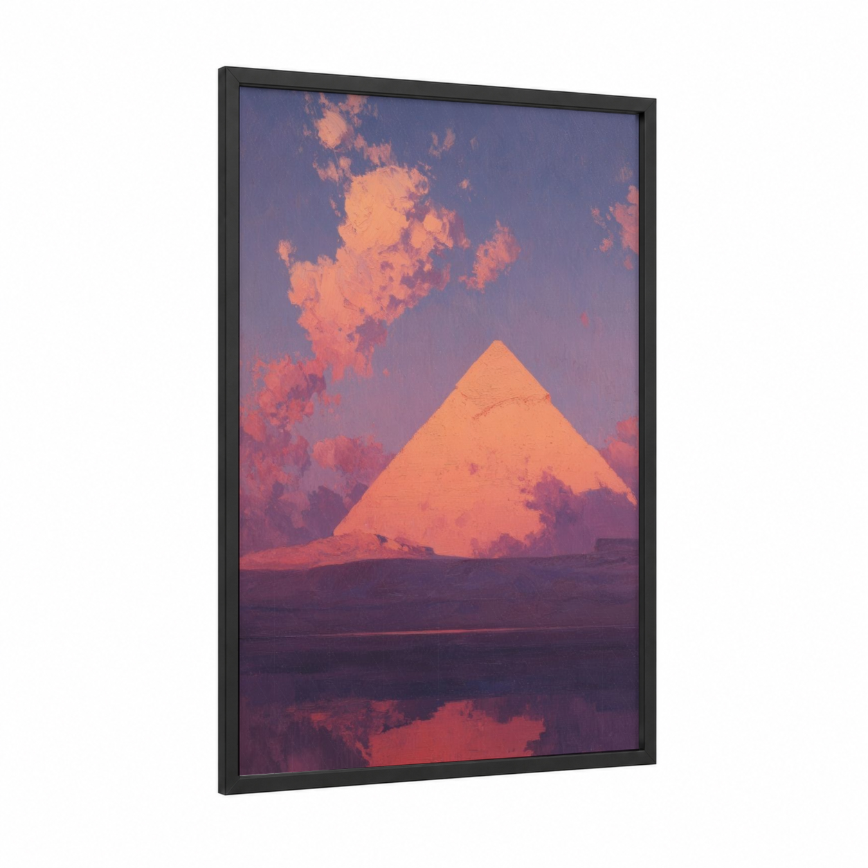 Crimson Pyramid Sunset framed great pyramid of giza print — black wood frame — peach and purple palette