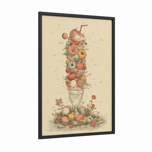 Vintage Milkshake Stack framed art print — black wood frame — cream and salmon pink palette