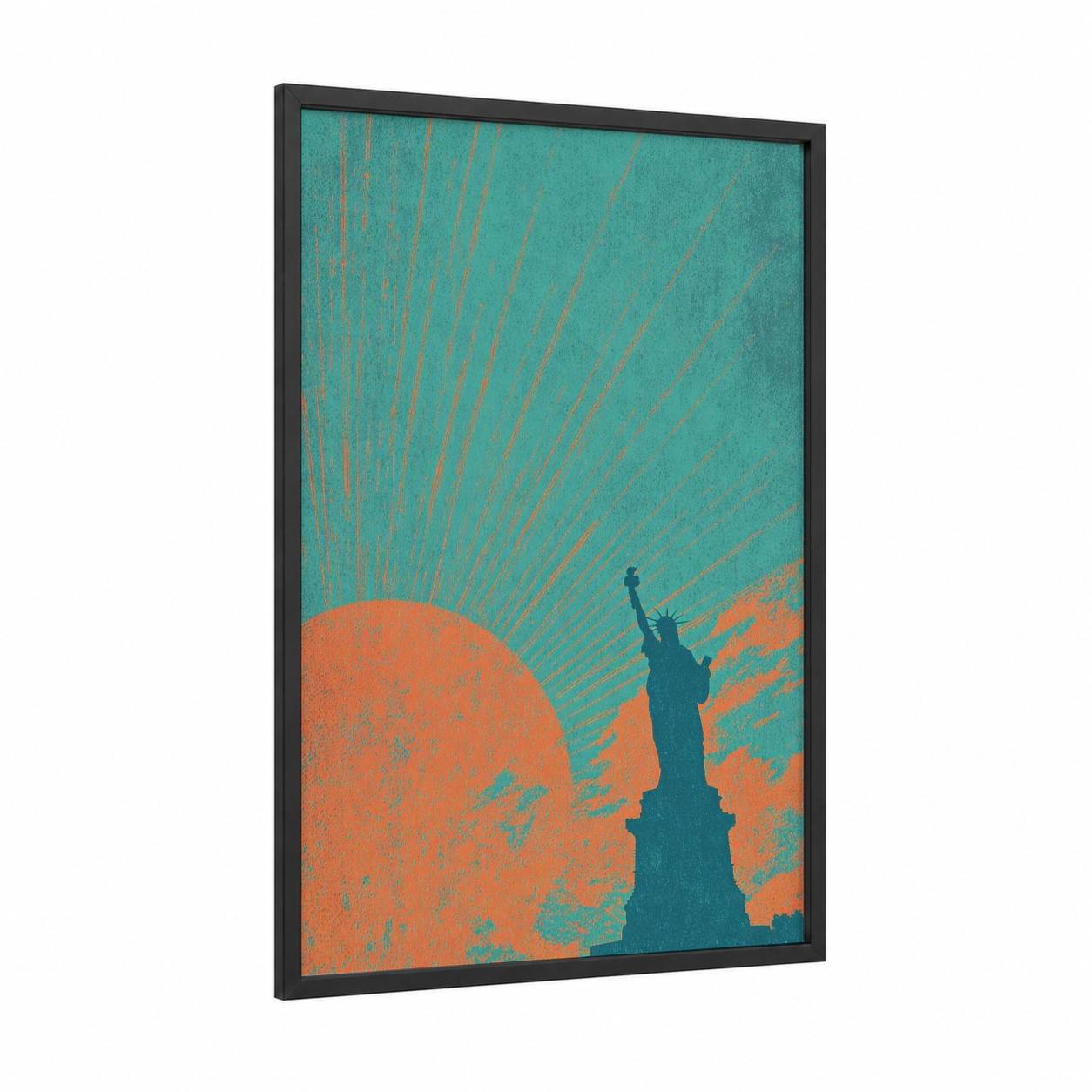 Liberty Sunrise framed monuments print — black wood frame — teal and orange palette