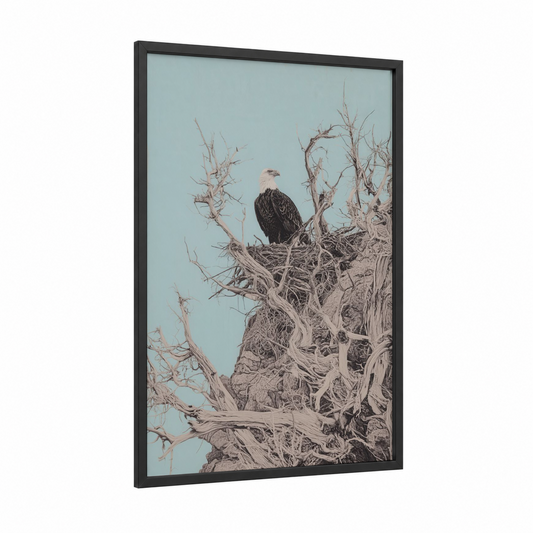 Perched Eagle framed art print — black wood frame — blue and white and dove gray palette