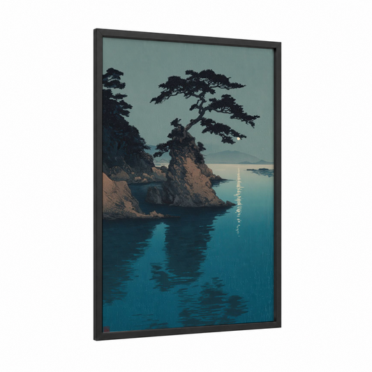 Coastal Juniper framed juniper tree print — black wood frame — teal and gray palette