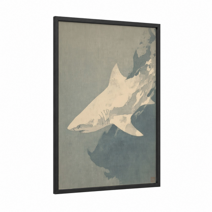 Pale Tiger Shark framed sand tiger shark print — black wood frame — cream and dove gray palette