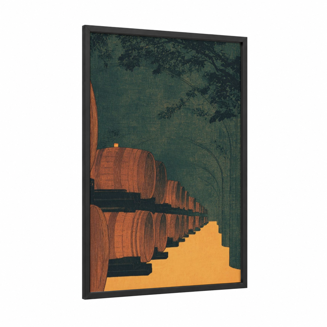 Vineyard Cellar framed wineries and cellars print — black wood frame — russet and teal palette