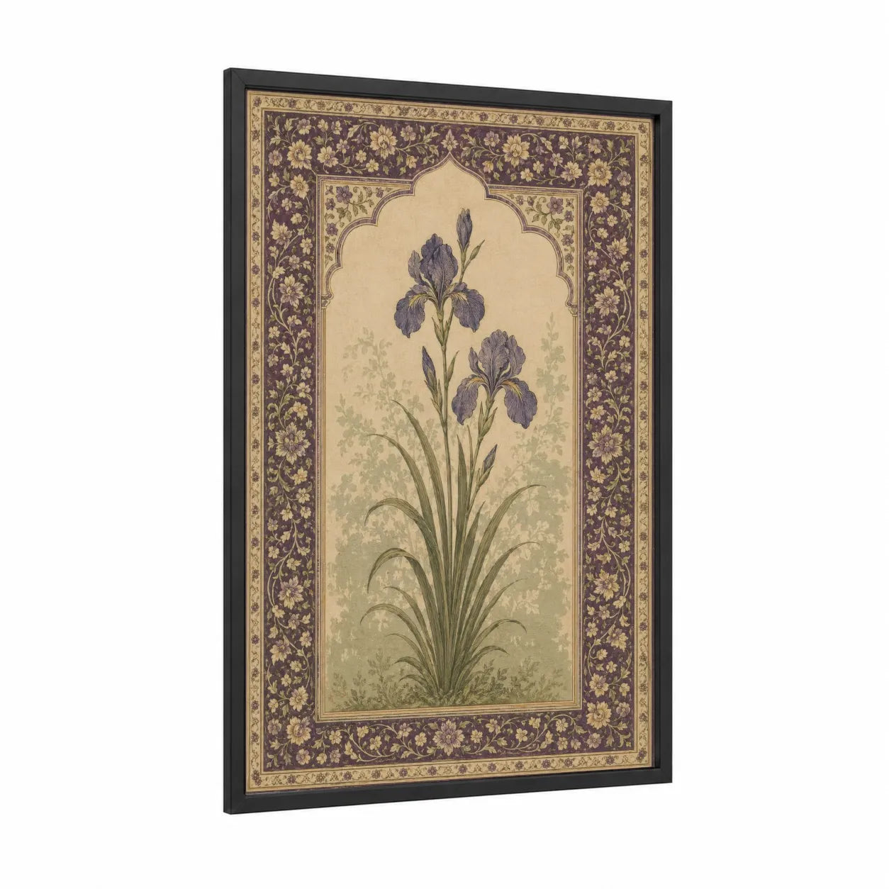 Purple Iris Botanical Wall Art framed art print — black wood frame — purple and gold palette