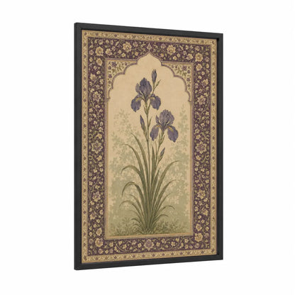 Purple Iris Botanical Wall Art framed art print — black wood frame — purple and gold palette