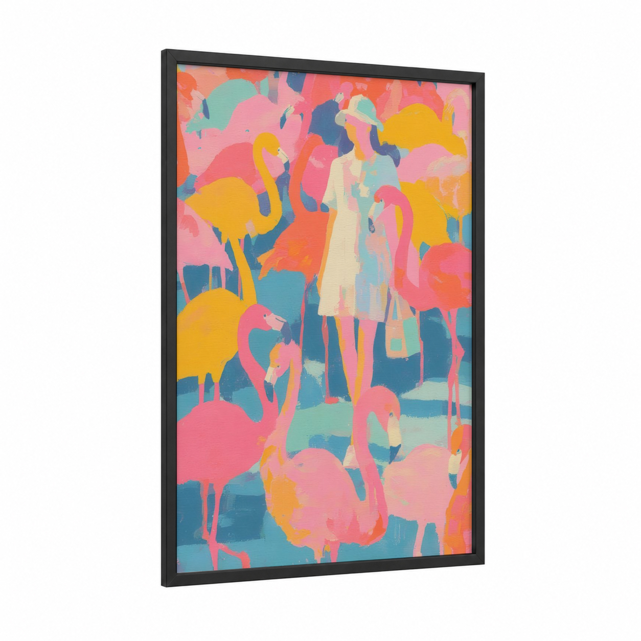 Flamingo Fashion framed fashion illustration print — black wood frame — pink and yellow palette