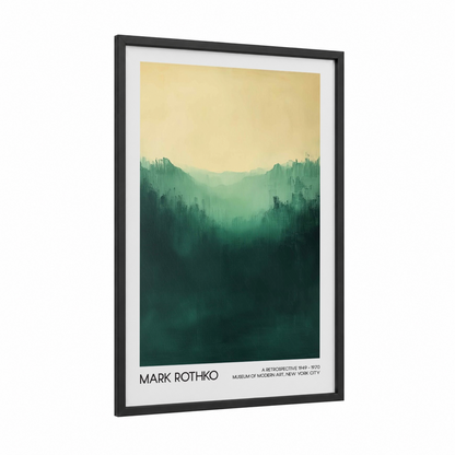Misty Valley Dawn framed abstract classic print — black wood frame — gold and sage green palette