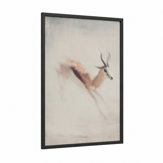 Graceful Antelope framed art print — black wood frame — cream and beige palette